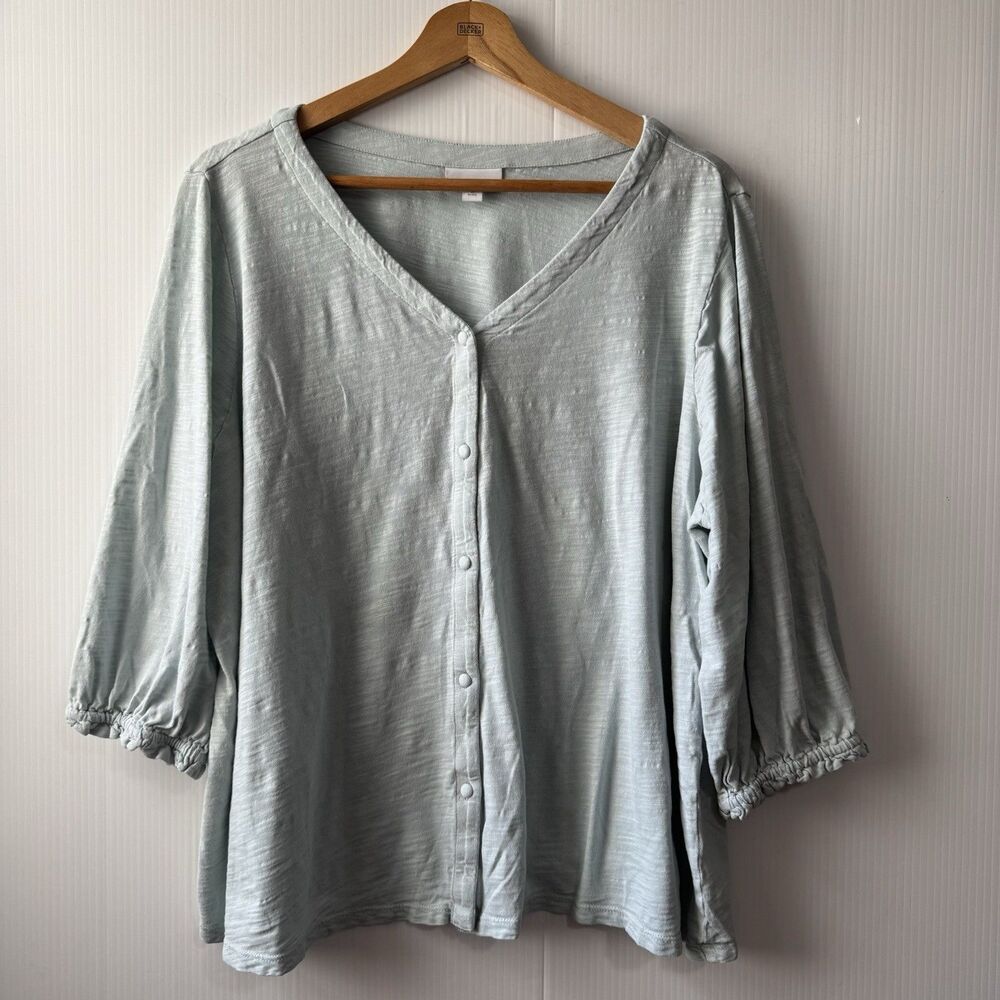 J. Jill Top XLP 3/4 Sleeve Cotton Stretch Knit Button Front VNeck Soft SageGreen